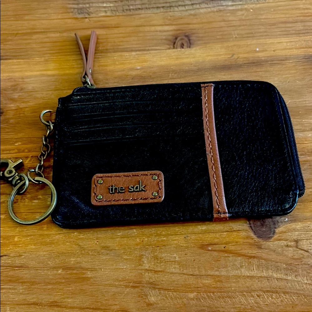 The Sak Black & Brown Leather Card Wallet Keychain